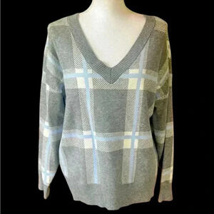 Max Studio NWOT. Never worn super soft. Large. V neck plaid print gray blues